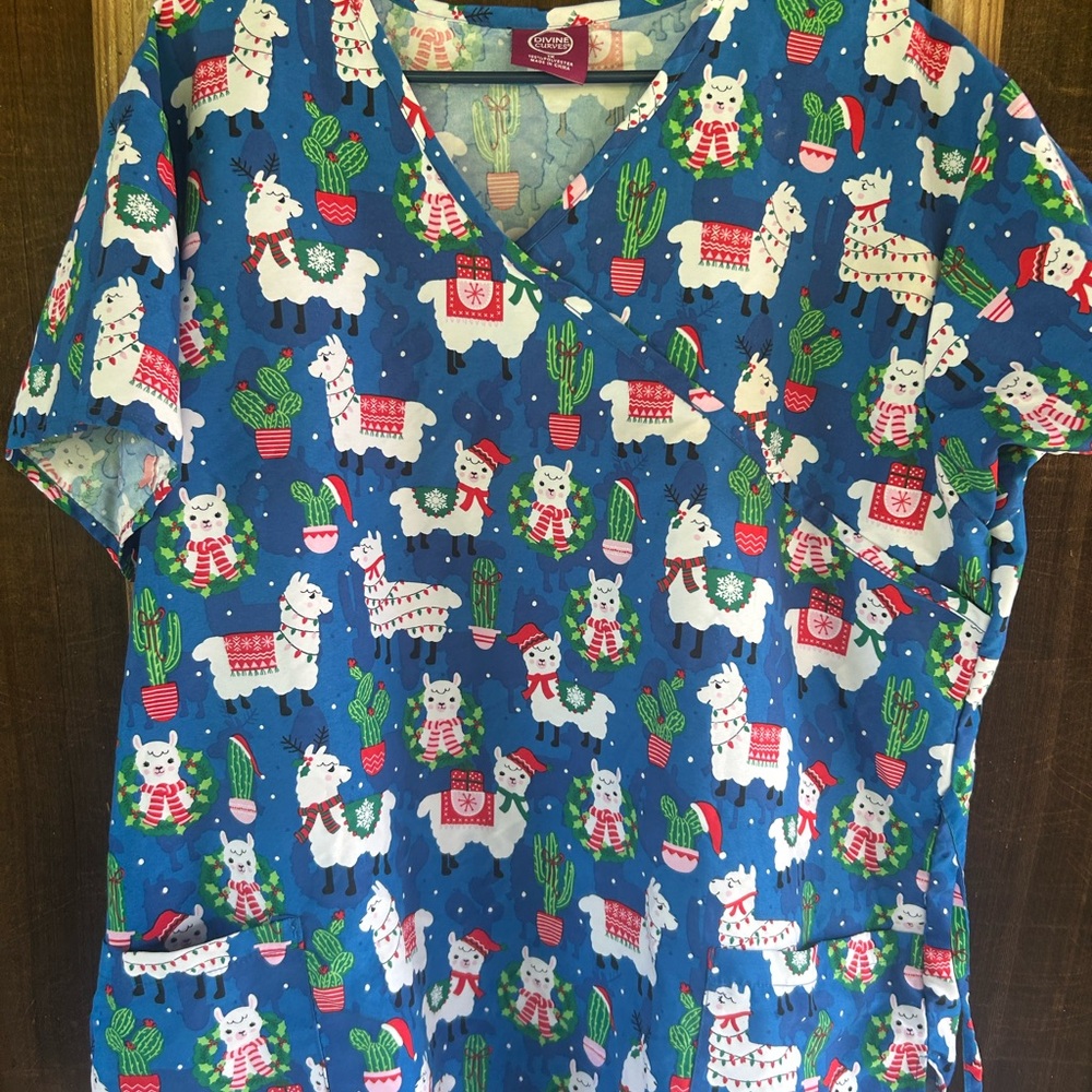 Blue Llama Christmas Scrub Top